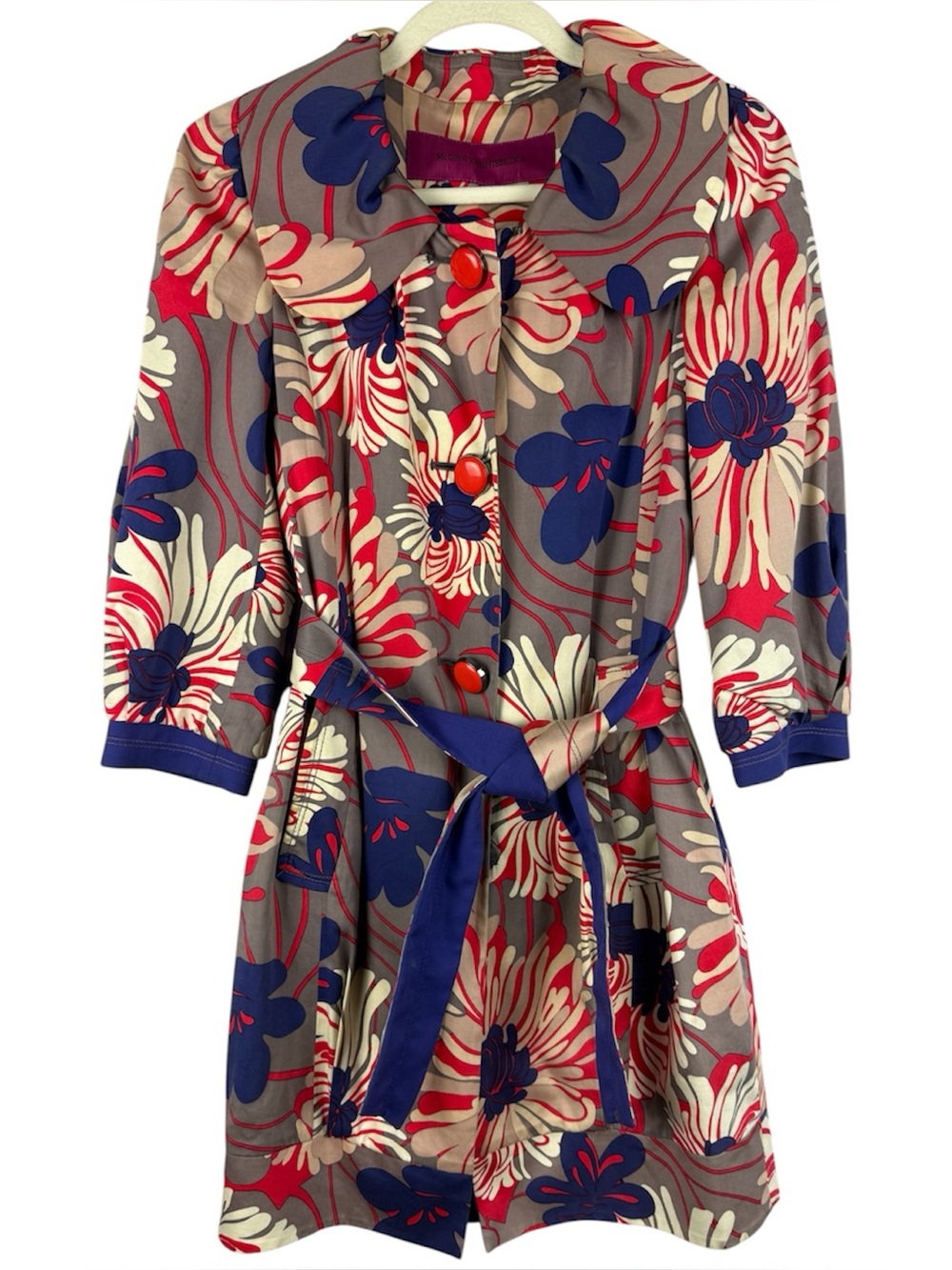 McGinn Knightsbridge Retro Mod Floral Belted Trench Coat Jacket Sz 36 M